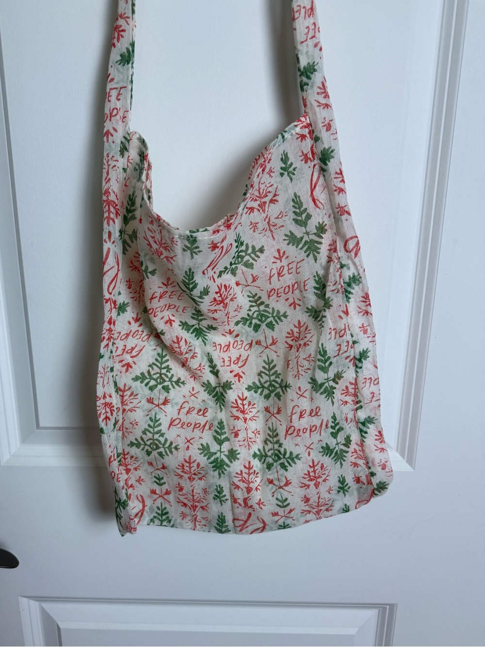 Free People Cream Shoulder Tote with Red & Green Botanical Christmas Print